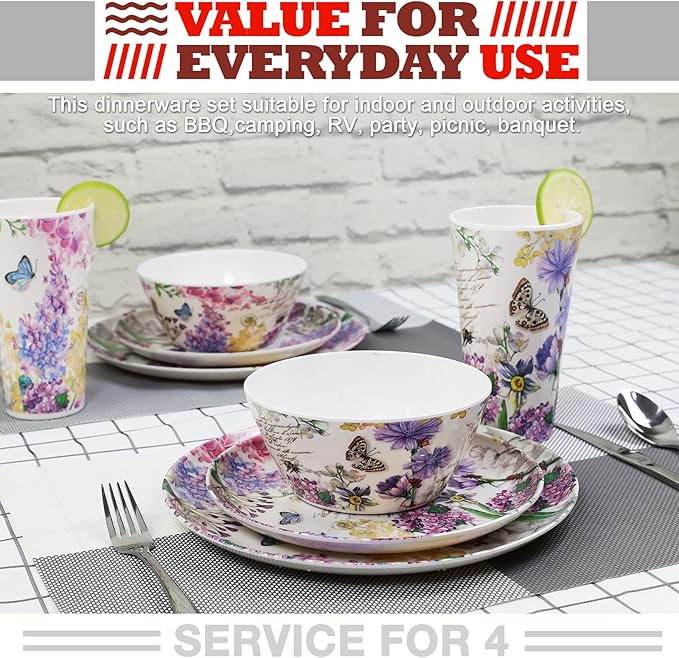 Melamine Dinnerware Set for 4-16 Pcs:Camping Dishes Set with Dinner PlatesSalad PlatesCups and Bowls.Lightweight and Unbreakable.Indoor and Outdoor Use.