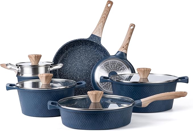 Country Kitchen Non-Stick Cast Aluminum Cookware Set - Durable Kitchen Cookware for Everyday Cooking Navy 11 Pc.