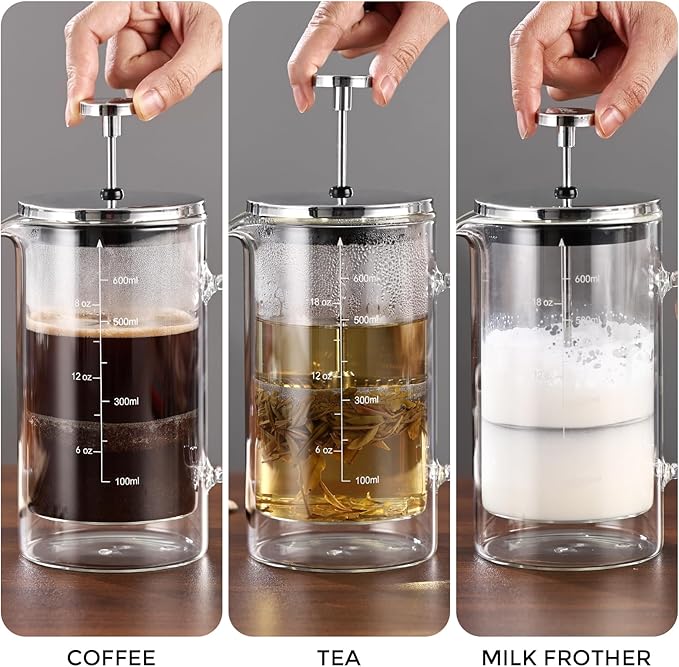 Bincoo French Press Coffee Maker 600MLDouble Wall Insulated Borolicate Glass French Press for Tea and Frothed Milk Press