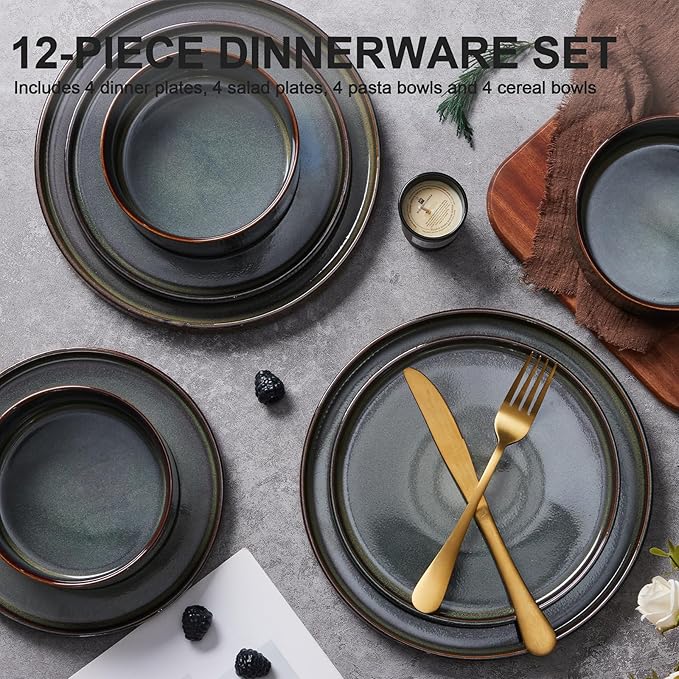 Vesteel Dinnerware Set for 4 12-Piece Stoneware Ribbed Dishes with Reactive Glaze Ceramic Plates and Bowls Set for Home Restaurant Chip &amp Scratch Resistant - Blackish Green