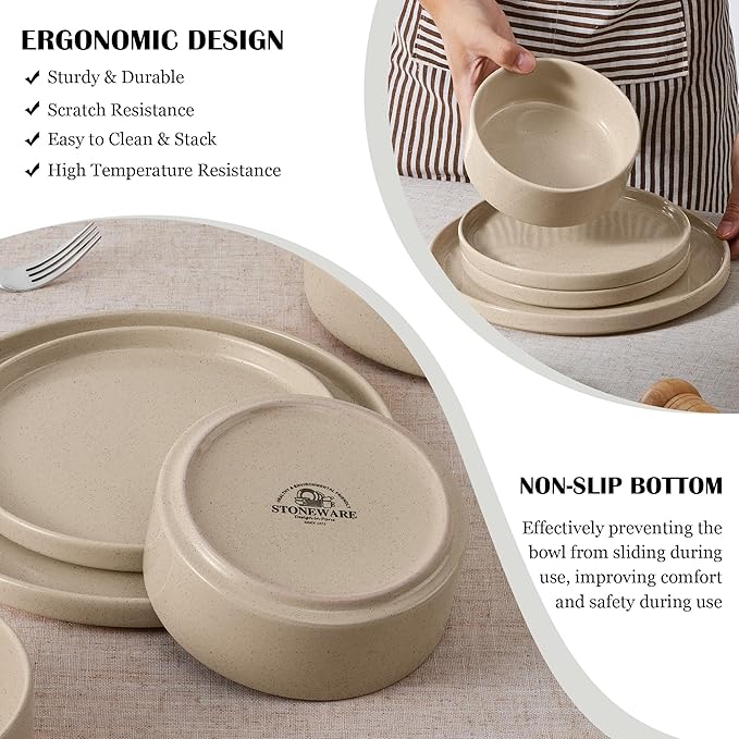 E-far Stoneware Dinnerware Sets 12-Piece Plates and Bowls Dish Set for 4 Kitchen Modern Dinning Ware Chip and Scratch Resistant Microwave &amp Dishwasher Safe Speckled Khaki