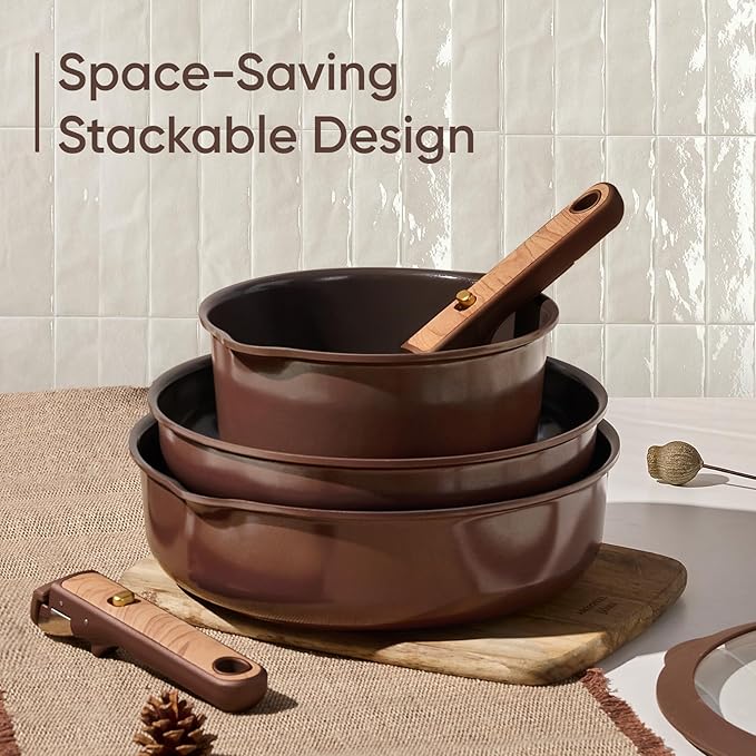 CAROTE 19PCS Ceramic Nonstick Cookware Set Pots and Pans Set with Detachable Handle PFAS-Free Non-Toxic Induction &amp Oven Safe Stackable Space-Saving Dark Choco