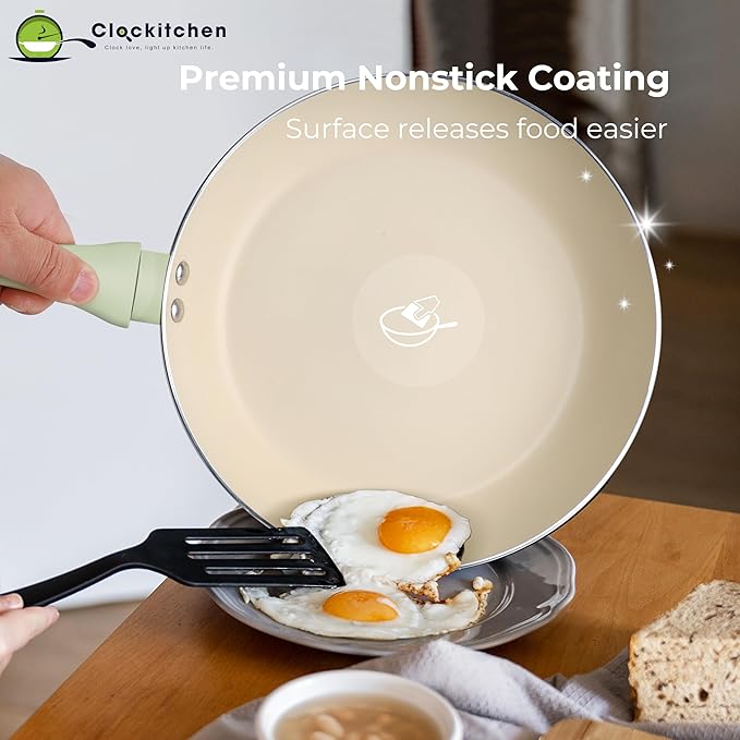 Clockitchen Ceramic Nonstick Cookware Set 10-piece Non-Toxic Cooking Pots and Pans Set Induction Stovetops Compatibility Green Kitchenware for Healthy Cooking
