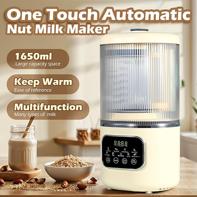 55oz Almond Milk Maker Oat Soy Milk Maker Machine Automatic Countertop Blender Keep Warm Delay Start Nut Milk and Rice Paste Making Automatic Cleaning