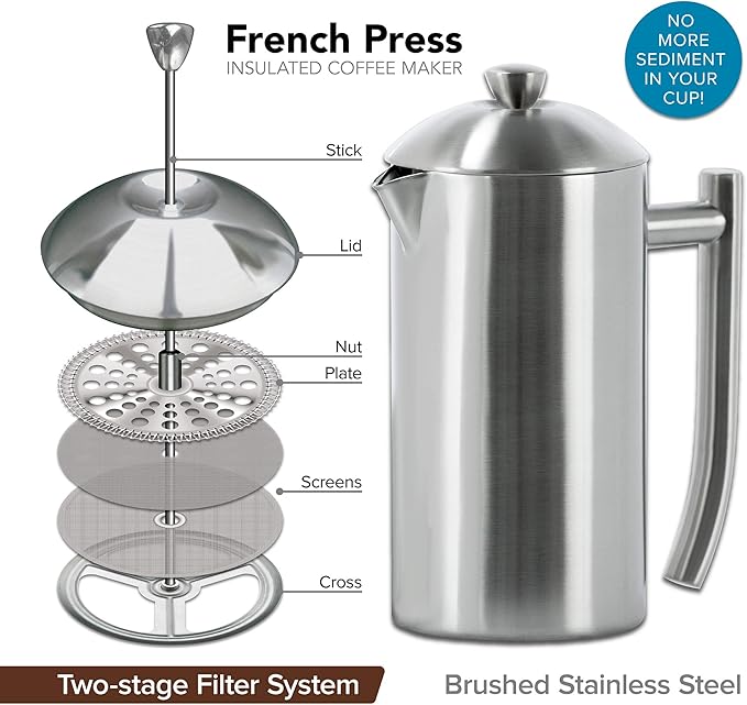 Frieling Double-Walled Stainless-Steel French Press Coffee Maker Brushed 36 Ounces Plus 18/10 Stainless Steel Coffee Scoop/Stirrer 2 TBLS