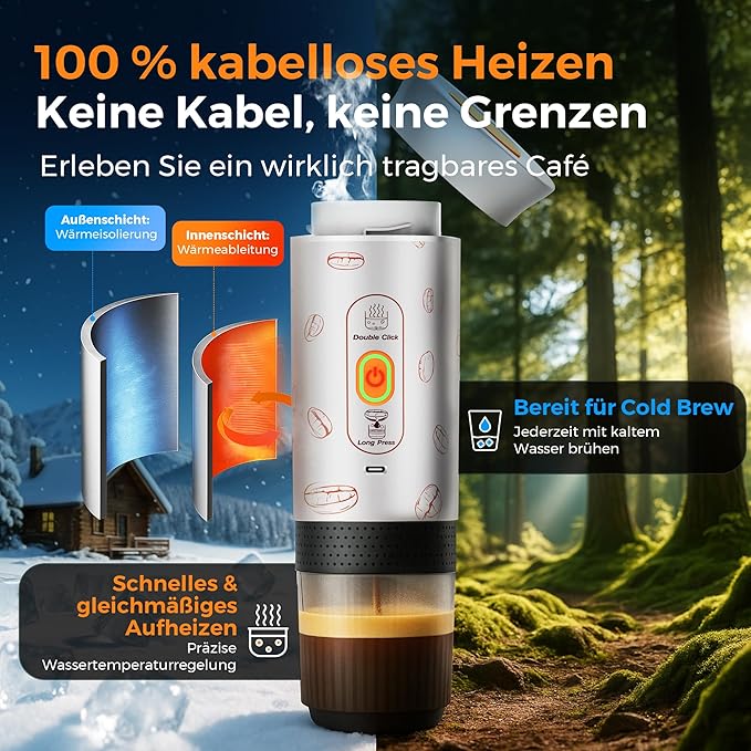 Portable Espresso Machine 3-in-1 Travel Coffee Maker with Self-Heating Battery Operated 20Bar Wireless Portable Espresso Maker Compatible with Ground Coffee &amp Capsule for Camping Car Office