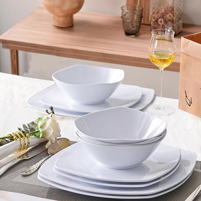 Melamine Dinnerware Sets Square Dinnerware Sets White Color Plates and Bowls Sets for 4 Unbreakable Dishwasher Safe BPA Free