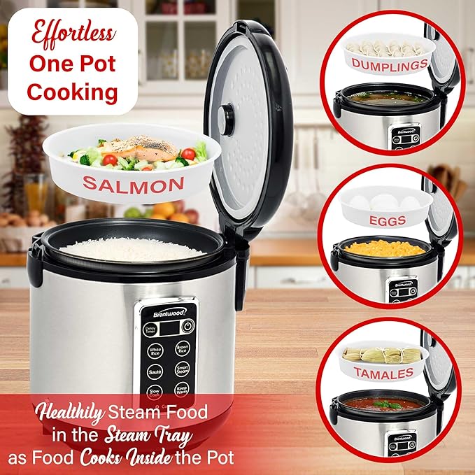 Brentwood 7-Function Smart Rice Multi-Cooker – Food Steamer Slow Cooker Sauté Keep Warm and 15hr Delay Timer with Spatula and Measuring Cup Stainless Steel (16 Cups Cooked / 8 Cups Uncooked)