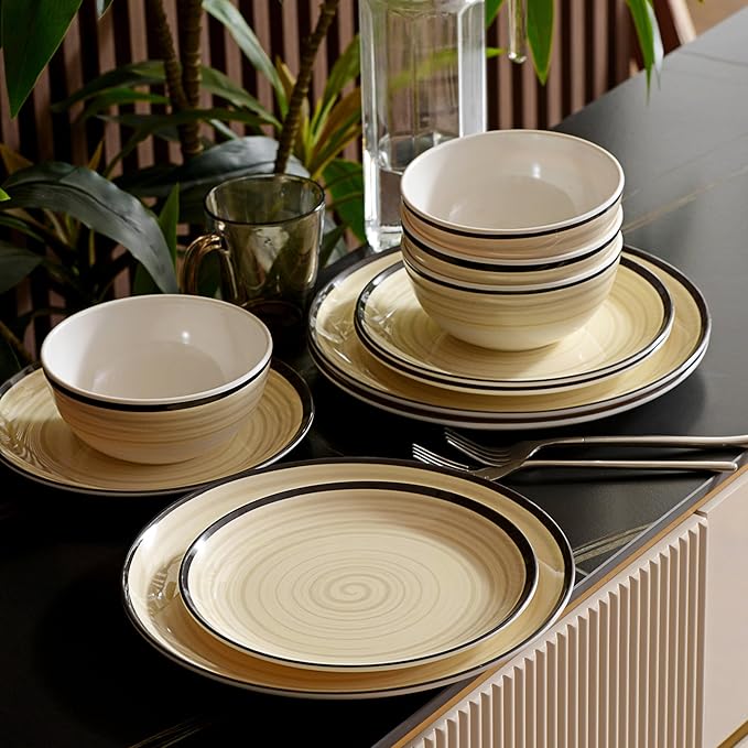 Melamine Dinnerware Set for 4 12Pcs Dinnerware Sets Lightweight Plates And Bowls Sets Morden Dishes Sets for Indoor and Outdoor Use Dishwasher Safe BPA Free(Off White)