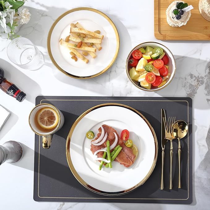 Modern Poreclain 16 Piece Dinnerware Set Plates and Bowls Set Dish set for 4 White And Golden RimDinnerware Sets With Gold Trim