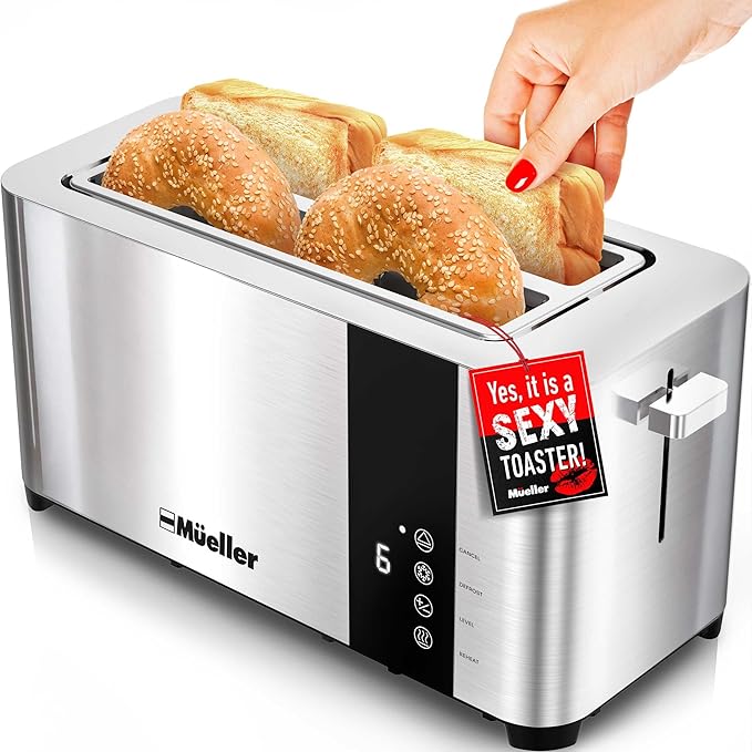 Mueller UltraToast Stainless Steel Toaster 4 Slice – Extra-Wide 1.6 Slots for Artisan Bread Bagels &amp Frozen Waffles 6 Browning Levels LED Display Cancel/Defrost/Reheat Removable Crumb Tray