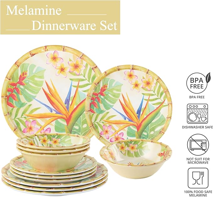 UPware 12 Piece Bird of Paradise Melamine Dinnerware Sets Outdoor Dishes Set Plates and Bowls Sets Service for 4 Multicolor