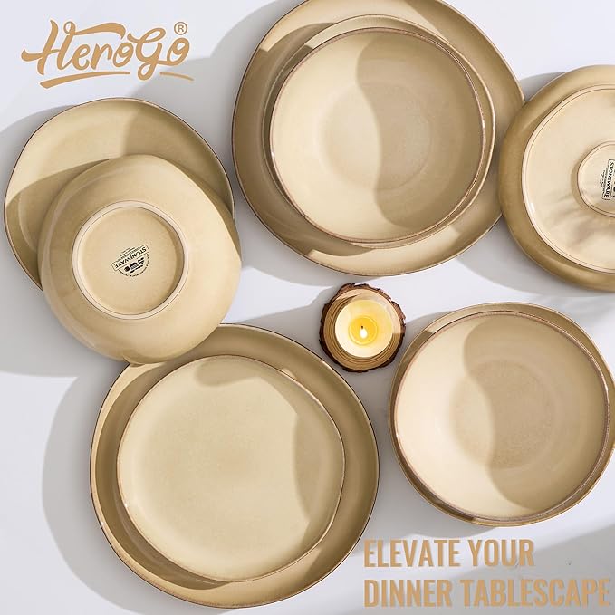 Herogo 12pcs Stoneware Dinnerware Sets for 4 Irregular Handmade Dinner Plates and Bowls Kitchen Dining Dish Dishware Set Microwave &amp Dishwasher Safe Cream Khaki