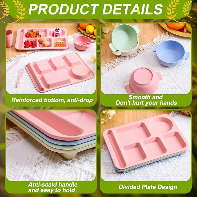 Bokon 24 Pcs Divided Plate for Adult Wheat Straw Lunch cutlery Set Toddler Dinnerware Microwave Safe Picnic School(Mixed Color)