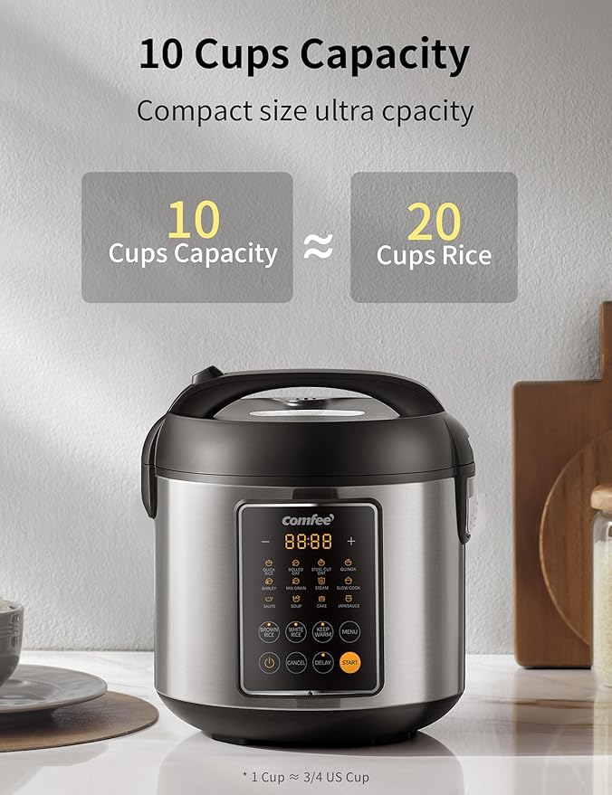 COMFEE' Rice Cooker 14-in-1 Stainless Steel Multi Cooker Slow Cooker Steamer Sauté and Warmer 5.3 QT 20 Cups Cooked (10 Cups Uncooked) Brown Rice Quinoa and Oatmeal