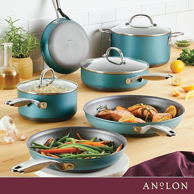 Anolon Achieve Hard Anodized Nonstick Cookware Pots and Pans Set 9 Piece - Teal