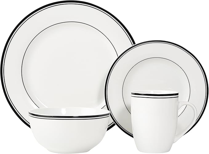 Amazon Basics 16-Piece Cafe Stripe Dinnerware Set Microwave and Dishwasher Safe Plates Bowls Mugs Service for 4 Black