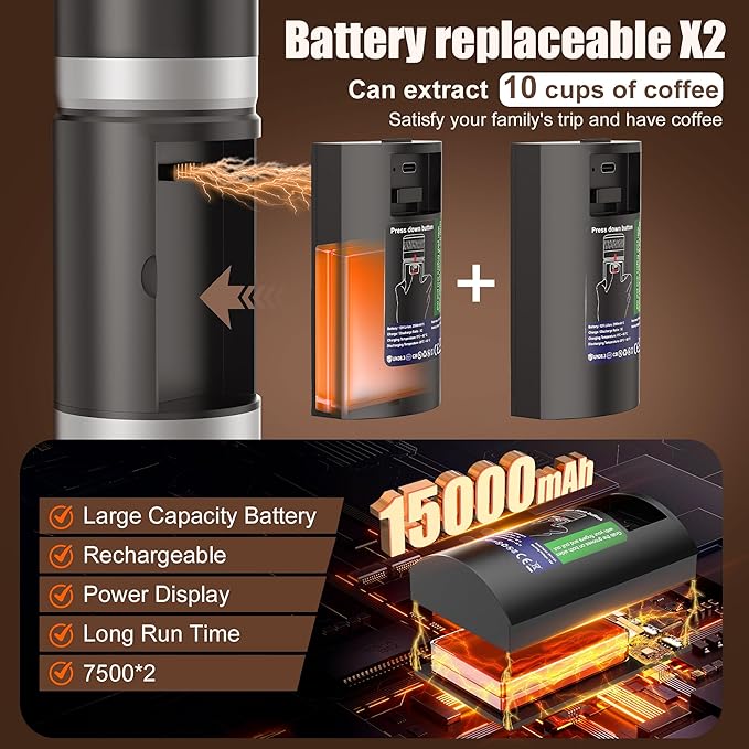 Portable Coffee Machine w/ 2 Rechargeable Batteries 8 Cups 80ml Self-Heating 20bar USB-C Espresso coffee Maker for Camping Travel Office Ground &amp Capsule Compatible