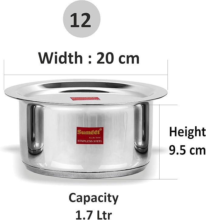 Sumeet Stainless Steel Induction Bottom (Encapsulated Bottom) Induction &amp Gas Stove Friendly Container/Tope/Cookware with Lid Size No.12 (1.7 LTR)