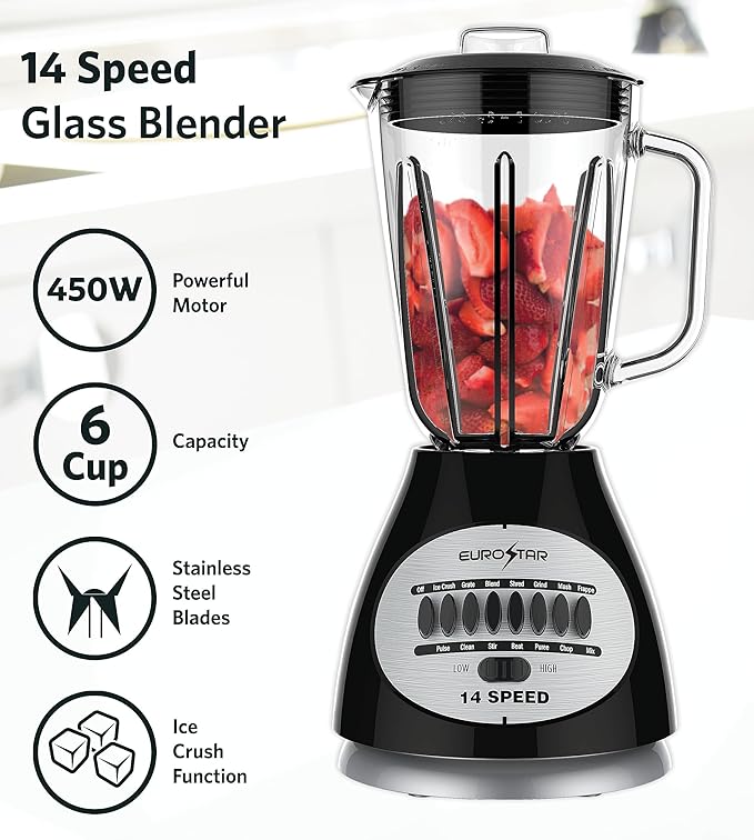 EUROSTAR 450W 14-Speed Glass Jar Blender (BLACK)