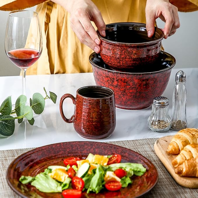 Hasense Dinnerware Sets for 4 8 Piece Porcelain Plates and Coffee Mugs Marble Red Glaze Round Dish Set Modern Ceramic Dinnerware Set Dishwasher Microwave Safe