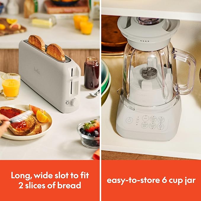 BELLA 10 speed Flip &amp Store Countertop Blender + 2 Slice Slim toaster Fits-anywhere™ Kitchenware Smart Toaster w 6 Shades Control &amp Smoothie Blender w 48oz Capacity Pitcher Oatmilk