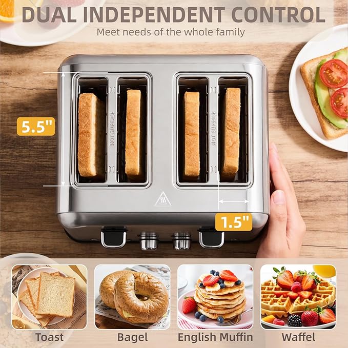 4-Slice Toaster with LCD Display Dual Control for Bagel 6 Shade Settings Extra Wide Slots Stainless Steel with High Lift Lever Removable Crumb Tray 1500W (Silver Metallic)