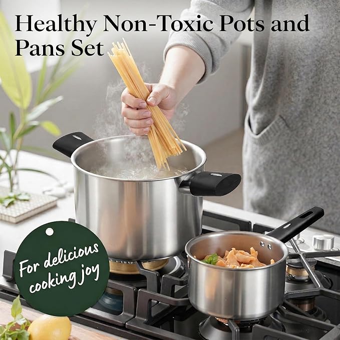 Meythway 𝐔𝐏𝐆𝐑𝐀𝐃𝐄 Stainless Steel Pots and Pans Set Non Toxic 6PCs Kitchen Cookware Sets with Stay-Cool Handles Non-Stick Dishwasher Safe&ampCompatible with All Stovetops(GasElectric&ampIn