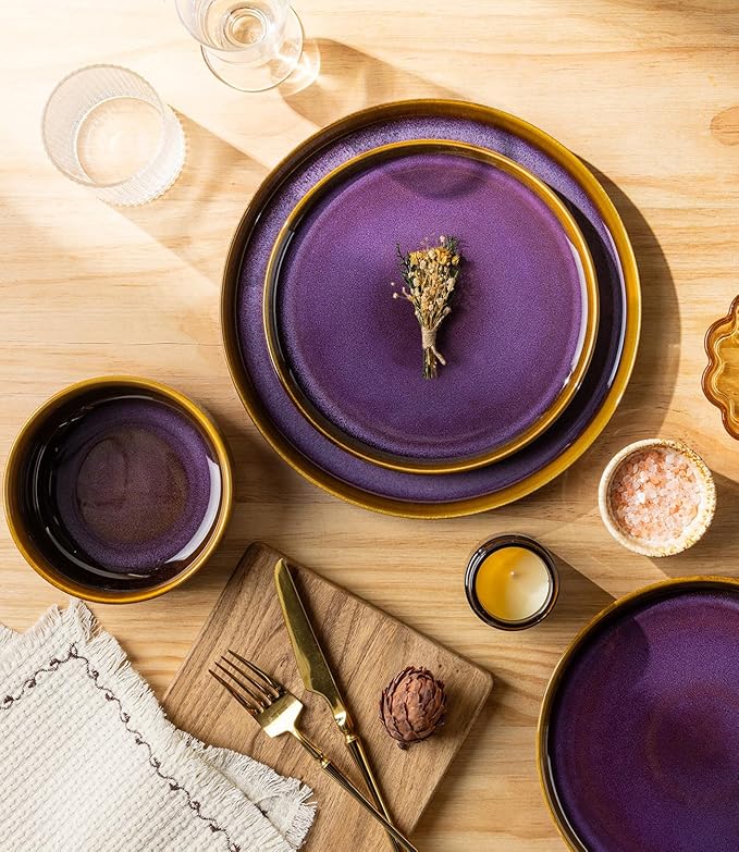 TheTerra Ceramic Dinnerware Sets for 4 12 Pieces Handmade Reactive Glaze Plates and Bowls Set Scratch Resistant Dish Set Oven &amp Microwave &amp Dishwasher Safe Amber Amethyst