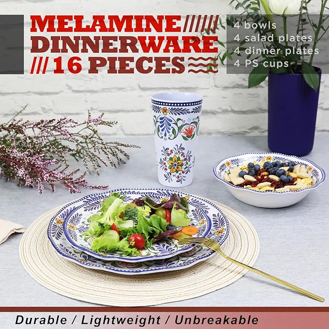 Melamine Dinnerware Set for 4-16 Pcs:Camping Dishes Set with Dinner PlatesSalad PlatesCups and Bowls.Lightweight and UnbreakableIndoor and Outdoor Use flower28