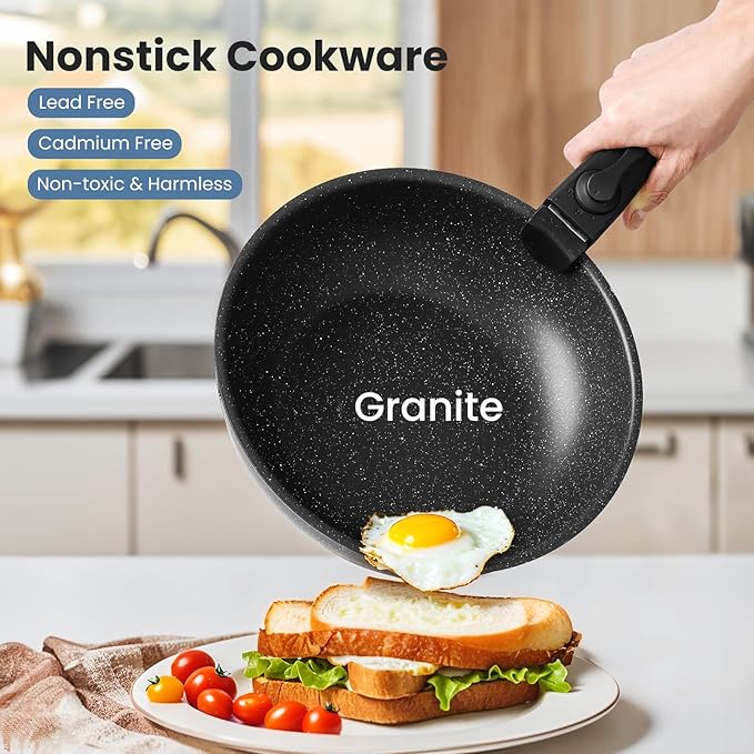 Hexago 12-Piece Black Granite Non-Stick Cookware Set with Detachable Handles – All-in-One Healthy Non-Toxic Pots and Pans for All Stovetops Dishwasher-Safe