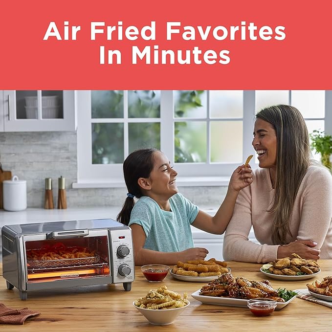 BLACK+DECKER Crisp 'N Bake Air Fry Countertop Convection Toaster Oven Medium Capacity 4-Slice 5-in-1 Fits 9” Pizza 30-Min Timer Bake Broil Air Fry Toast Keep Warm Stainless Steel