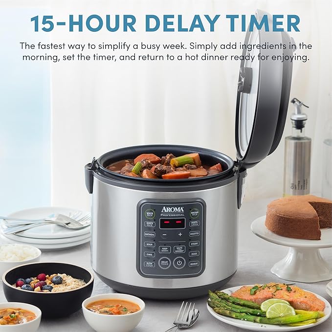 AROMA Professional Digital Rice Cooker 10-Cup (Uncooked) / 20-Cup (Cooked) Multicooker Slow Cooker Steamer Oatmeal Cooker Egg Cooker STS 5 Qt Gray ARC-5200SG