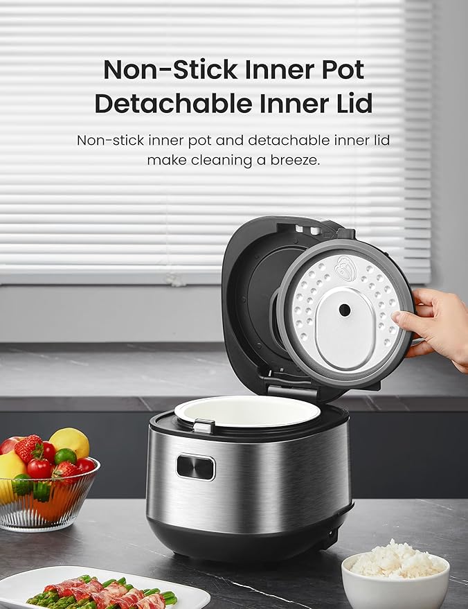 COMFEE' Compact Rice Cooker 8 Cups Cooked/4 Cups Uncooked 9-in-1 Multi Cooker Fast Rice Maker Steam Brown Rice Grains Fuzzy Logic Technology Grey