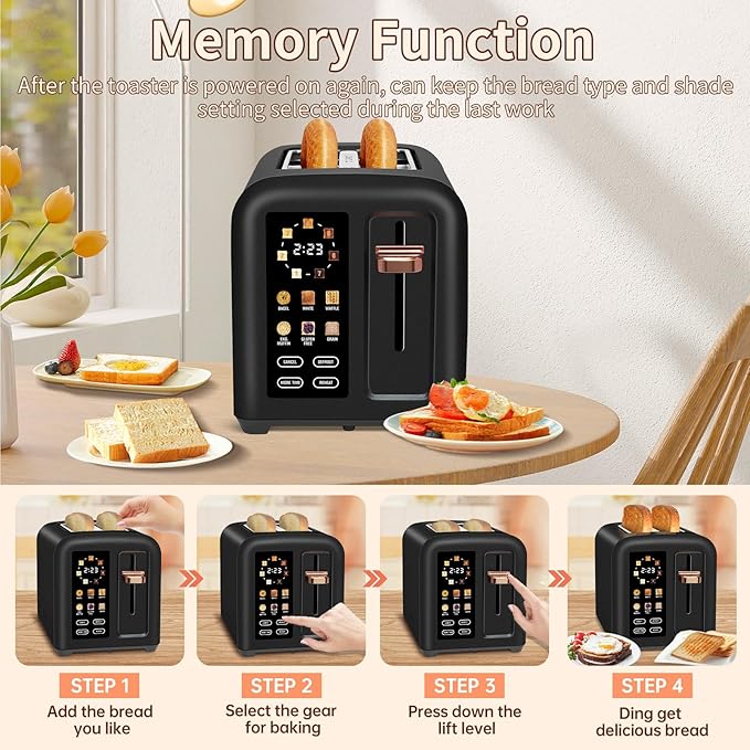SEEDEEM Toaster 2 Slice Touch Control Stainless Toaster LCD Display 50% Faster Heating Speed 1.4'' Wide Slots More Timer Functions Removable Crumb Tray 1350W Dark Chocolate