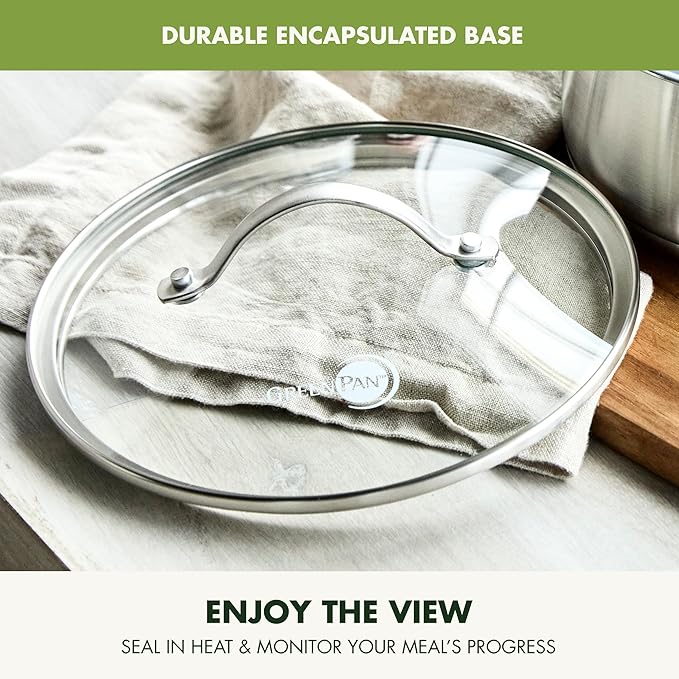 GreenPan Treviso Stainless Steel Healthy Ceramic Nonstick 12 Frying Pan Skillet with Lid PFAS-FreeClad Induction Dishwasher Safe Silver
