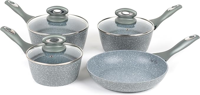 Salter Marblestone 4 Piece Cooking Set – 16cm 18cm 20cm Saucepans with Lids 24cm Frying Pan Non-Stick Corrosion Resistant Forged Aluminium PFOA-Free Suitable for All Hobs Dishwasher Safe