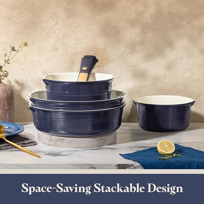 CAROTE 22Pcs Titanium Cookware Set Pots and Pans Set Non Stick Kitchen Cooking Set with Detachable Handle Non Toxic Induction Cookware Dishwasher/Oven SafeBlue
