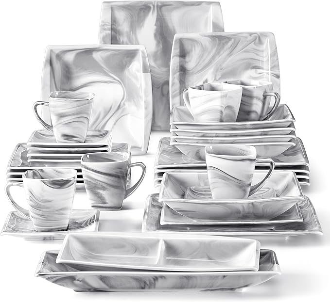 MALACASA Dinnerware Sets 32 Pieces Porcelain Plates and Bowls Sets for 6 Marble Grey Dishes with Plates and Bowls Cups and Saucers Side Dish Plates Square Dinner Set Series Blance