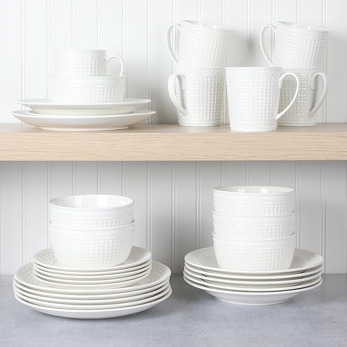 Martha Stewart 30-Piece Basket Weave New Bone China Embossed Chip and Scratch Resistant Porcelain Dinnerware Set