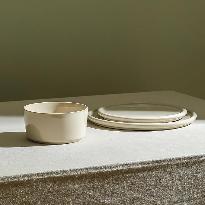 Stone Lain Eden 12-Piece Dinnerware Set Stoneware Plates and Bowls Set Dishwasher and Microwave Safe Dish Dish Set for 4 Beige