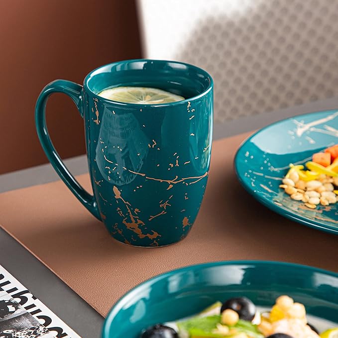 LOVECASA Porcelain Dinnerware Sets for 4 16 PCS Plates and Bowls Set Color Glaze with Gold Plate Dish Set Dinner Sets with Dinner Plates Dessert Plate Bowls and Mugs Dark Green