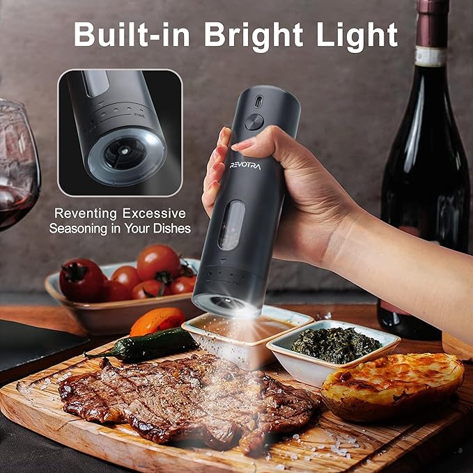 Electric Salt and Pepper Grinder Set Rechargeable Automatic Salt and Pepper Shakers with 6 Adjustable Coarseness Christmas Gift Larger Capacity LED Light One-Handed Operation 2 Packs