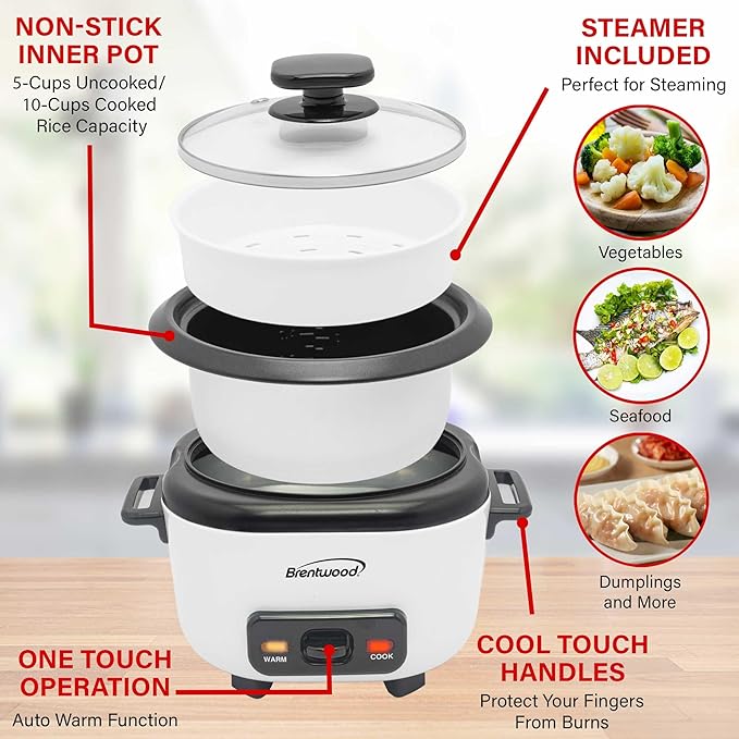 Brentwood 7-Function Smart Rice Multi-Cooker – Food Steamer Slow Cooker Sauté Keep Warm and 15hr Delay Timer Stainless Steel (White 10 Cups Cooked / 5 Cups Uncooked)