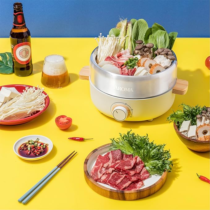 Aroma Housewares AMC-130 Whatever Pot Indoor Grill Cooking Hot Pot with Glass Lid Bamboo Handles 2.5L Stainless Steel/White