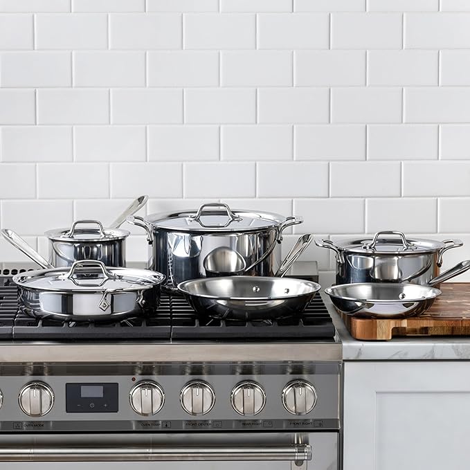 All-Clad D3 3-Ply Stainless Steel Cookware Set 10 Piece Induction Oven Broiler Safe 600F Kitchen Cooking Set w/ Frying Pans Saucepans Saute Pan Stockpot and Soup Pot Pots and Pans Silver
