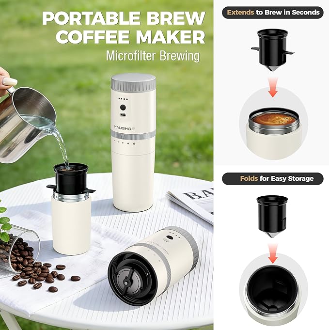 HAUSHOF Portable Coffee Maker Camping Coffee Makers Travel Mini Coffee Maker Portable Travel Coffee Maker with Grinder Personal Cordless Travel Coffee Maker for Car Camping and Home