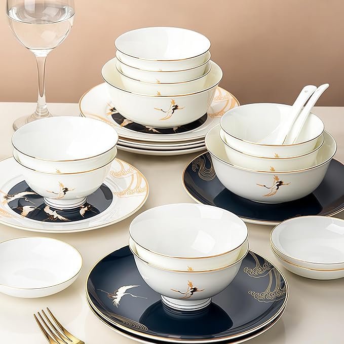 30 Pcs Fine Bone China Dinnerware SetPorcelain&ampCeramic Dinnerware SetsBone Stoneware &amp Ceramic Cookware Tableware Set Includes Dinner Plates|Spoons|Pasta Bowls|Soup Pot|Chopsticks