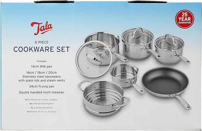 Tala 6 Piece Stainless Steel Cookware Set - Non-Stick Frying Pan 4 Multifunctional Cooking Pots with Tempered Glass Lids &amp Steamer - Dishwasher Safe Scratch Resistant - Suitable for All Stoves