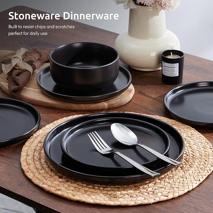 E-far Stoneware Dinnerware Sets for 6 18-Piece Plates and Bowls Set Modern Ceramic Dishes Dinning Ware Microwave &amp Dishwasher Safe - Matte Black